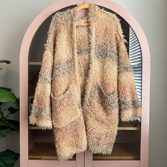 Free People Fuzzy Tan Cardigan Wool Blend Autumn Beau Cardi XS - S with hoodie - Picture 3 of 9